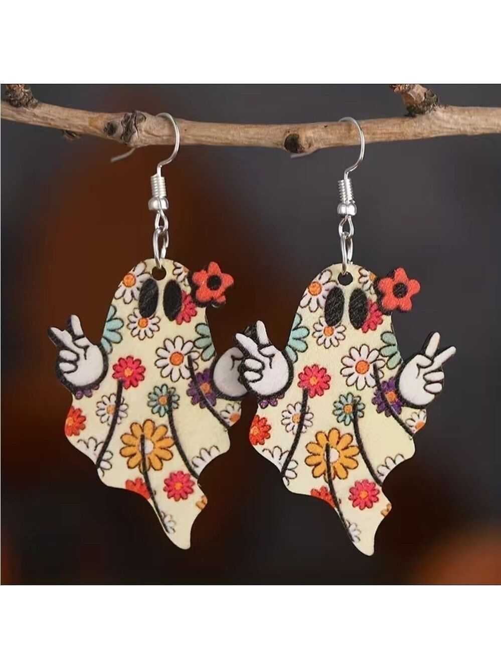 Flower Power Peace Ghost Earrings for Halloween